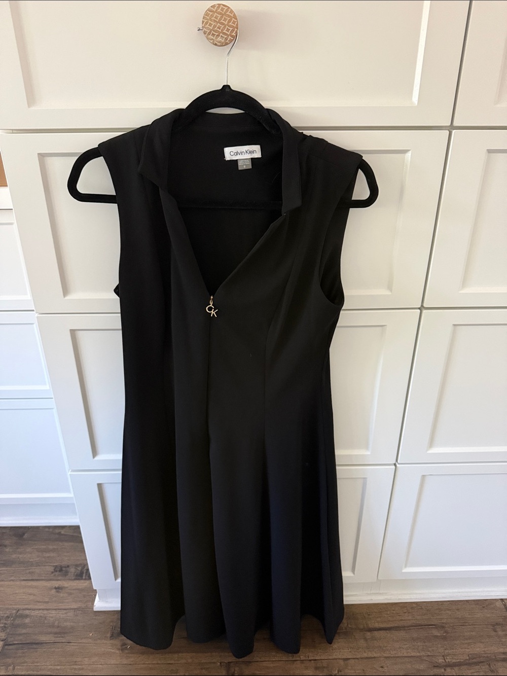 Calvin Klein Black V-Neck Sleeveless A-Line Dress with CK Zip Pull